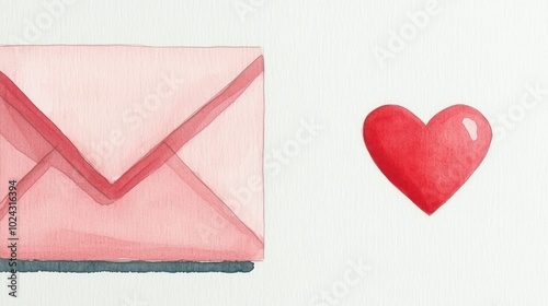 Watercolor illustration of a pink envelope next to a red heart, set against a white background, representing love and affection.