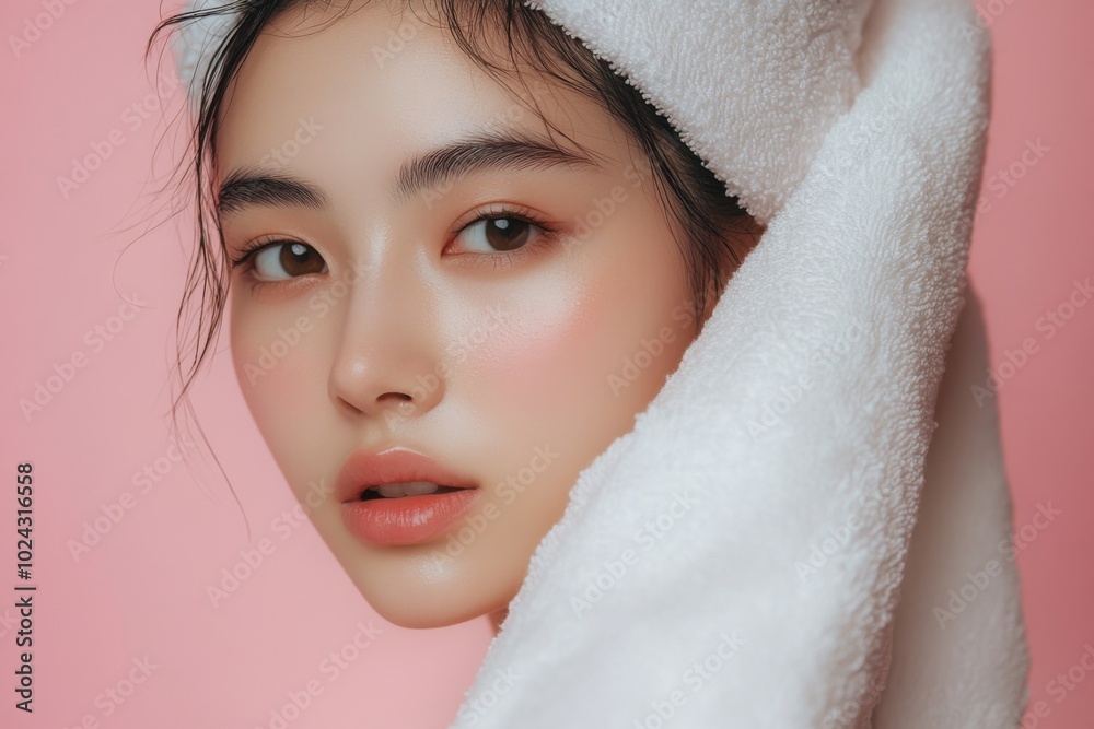 young woman with fresh, clean skin wrapped in white towel poses against pink background, exuding serene and natural beauty. Her soft features and gentle expression create calming atmosphere young woman with fresh, clean skin wrapped in white towel poses against pink background, exuding serene and natural beauty. Her soft features and gentle expression create calming atmosphere