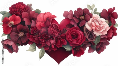 An artistic heart arrangement made of red and pink flowers, including roses and peonies, symbolizing love and romance.