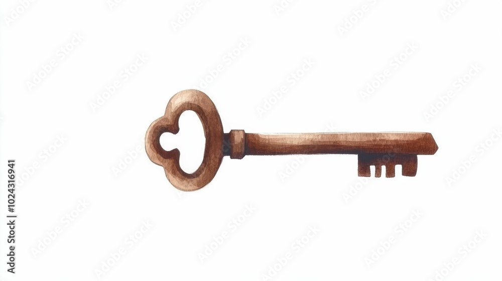 Hand-painted illustration of a wooden key featuring a heart-shaped bow, representing love and affection with an artistic touch. Hand-painted illustration of a wooden key featuring a heart-shaped bow, representing love and affection with an artistic touch.