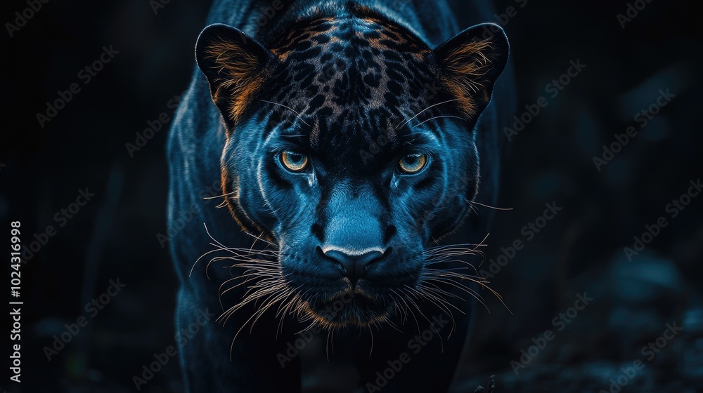 Obraz premium A close-up shot of a black panther. The predator stares intensely at the camera, highlighting its powerful gaze.