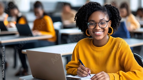 Positive Focused Female Student Studying and Utilizing Laptop to Work on Academic Project in a Futuristic Toned Campus Classroom Setting photo