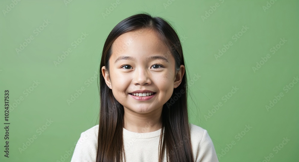 Child Asian girl with round face and long straight hair smiling soft green background