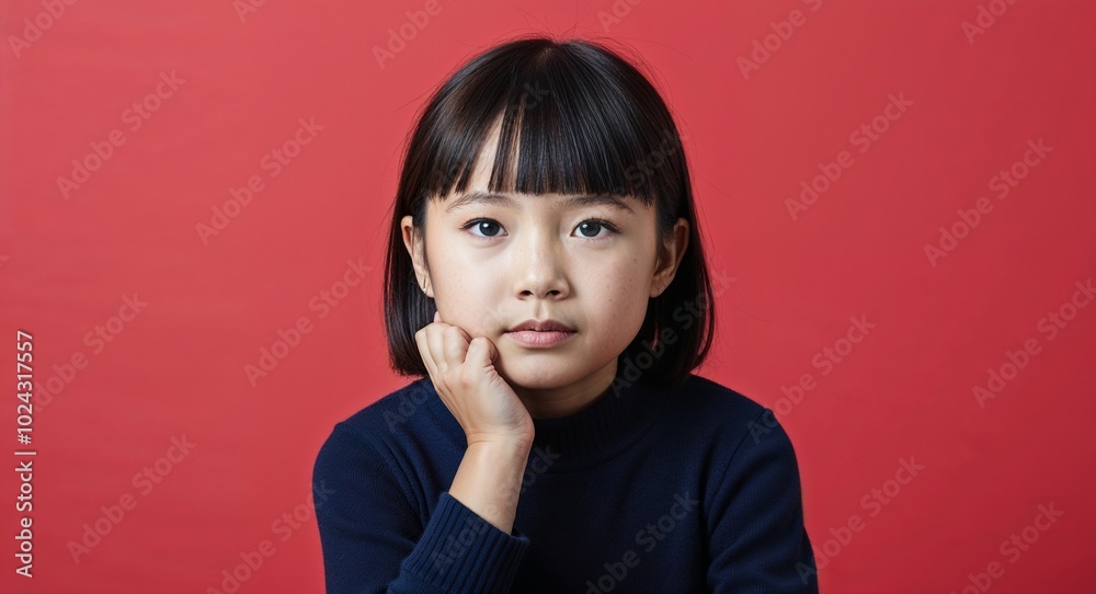 Child Asian girl with sharp chin and short straight hair thoughtful light red background Child Asian girl with sharp chin and short straight hair thoughtful light red background