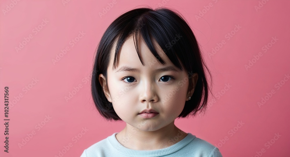 Child Asian girl with delicate features and short black hair serious light pink background Child Asian girl with delicate features and short black hair serious light pink background