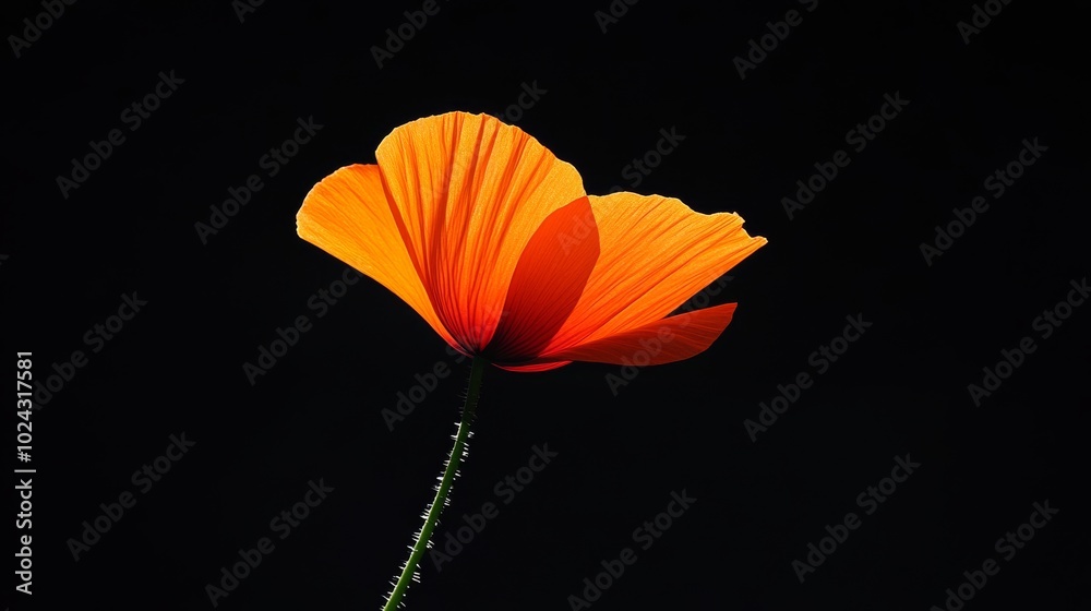 Bright Orange Flower Against Black Background Highlighting Petals and Stem in Minimalist Style Bright Orange Flower Against Black Background Highlighting Petals and Stem in Minimalist Style