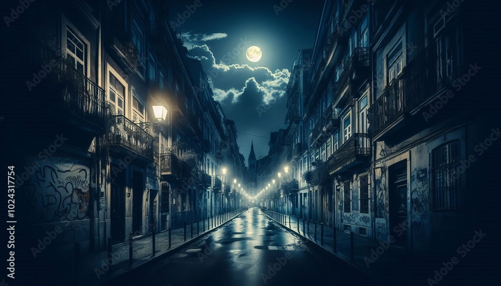 A dark narrow street in a moonlit anonymous city.