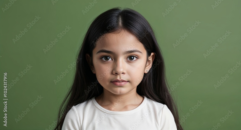 Child Latina girl with soft eyes and long dark hair neutral face soft green background Child Latina girl with soft eyes and long dark hair neutral face soft green background
