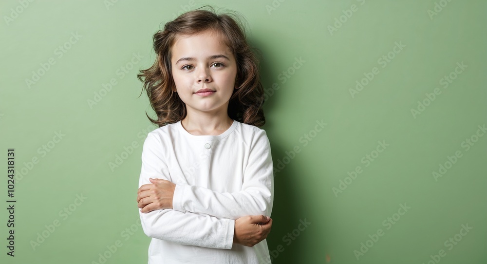 Obraz premium Child white girl with angular face and wavy brown hair relaxed pale green background