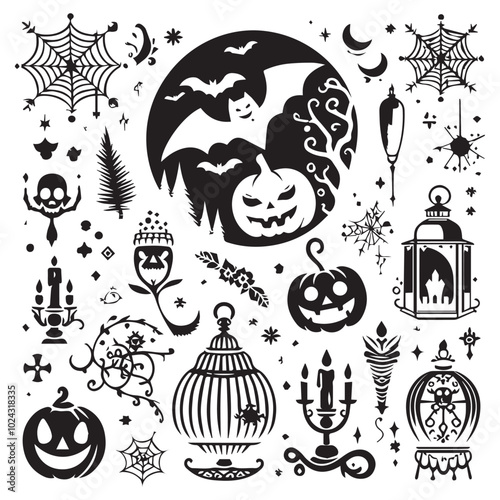  Halloween clip art assortment including jack-o'-lanterns, cobwebs, and playful ghosts for festive designs.