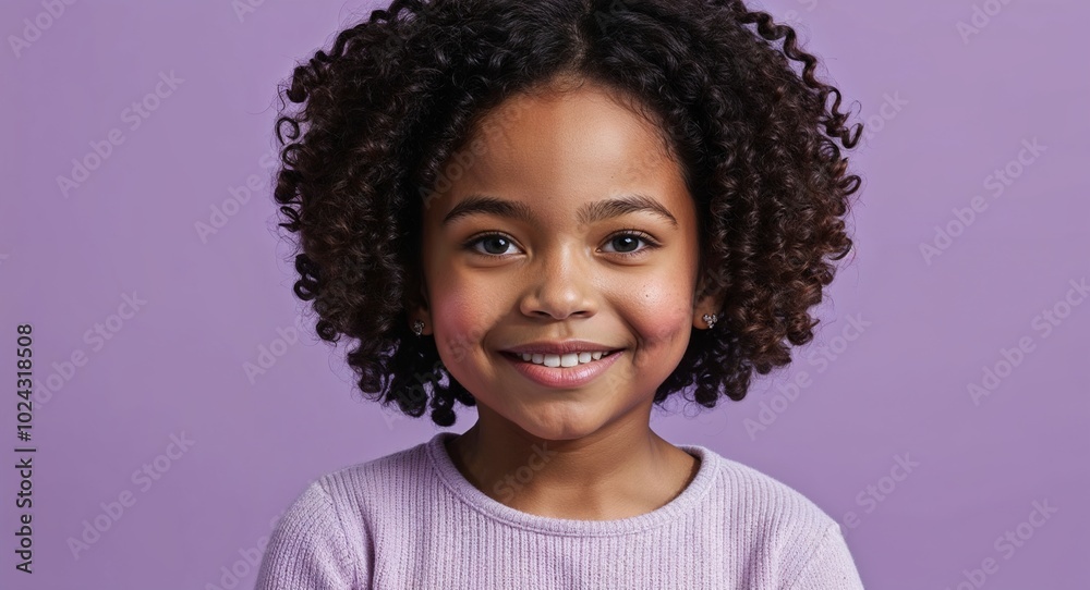 Kid Black girl with round cheeks and short curly hair relaxed soft purple background