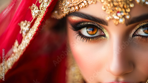 A mesmerizing portrait of a bride's eyes adorned with intricate, glittering gold eyeshadow