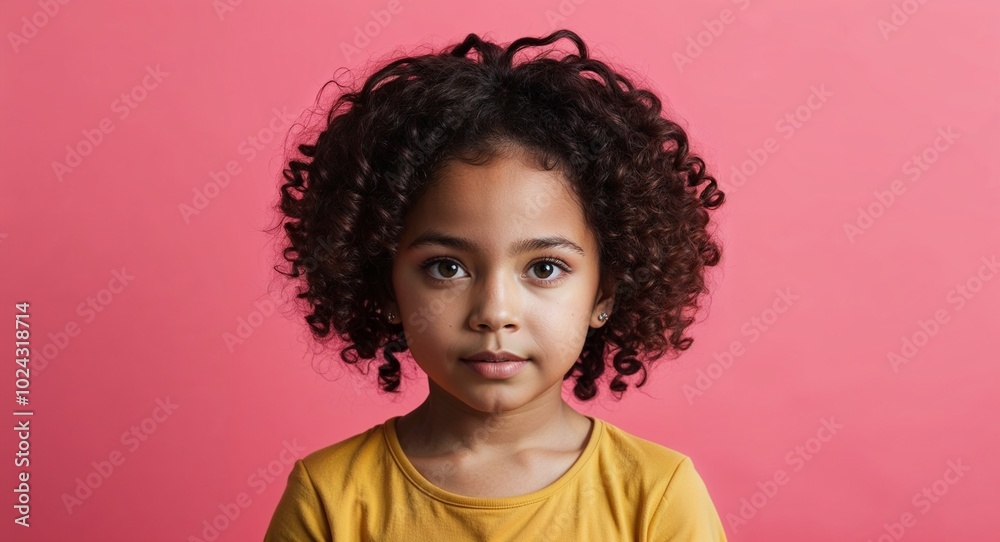 Kid mixed race girl with soft eyes and curly brown hair focused pale pink background