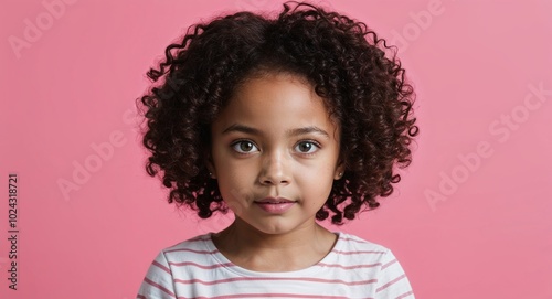 Kid mixed race girl with soft eyes and curly brown hair focused pale pink background