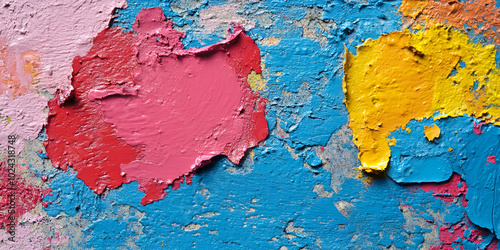 Wall with Peeling Paint in Pink, Yellow, and Blue Shades photo