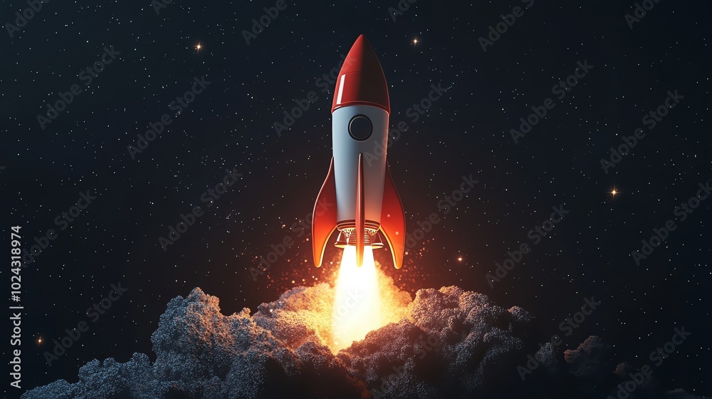 A red and white rocket launches into space against a starry sky. A red and white rocket launches into space against a starry sky.