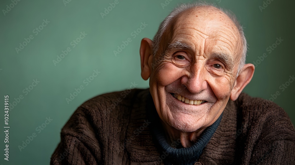 91. An elderly man with a joyful smile, laughter evident in his eyes, against a muted green background.