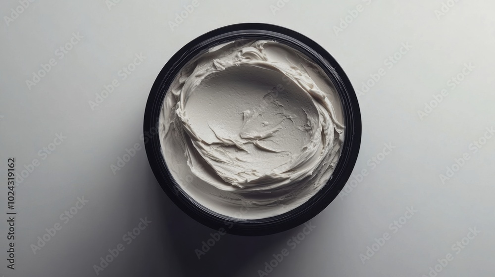 Ultra-wide angle shot of a white clay mask in a matte black jar, neutral background, soft shadows, clean and modern composition. Ultra-wide angle shot of a white clay mask in a matte black jar, neutral background, soft shadows, clean and modern composition.