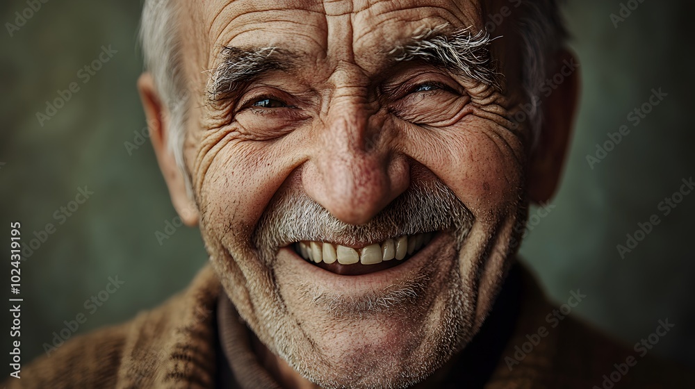 91. An elderly man with a joyful smile, laughter evident in his eyes, against a muted green background.