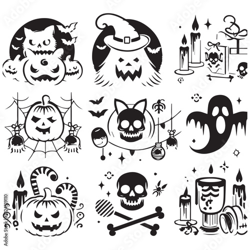  Halloween clip art assortment including jack-o'-lanterns, cobwebs, and playful ghosts for festive designs.