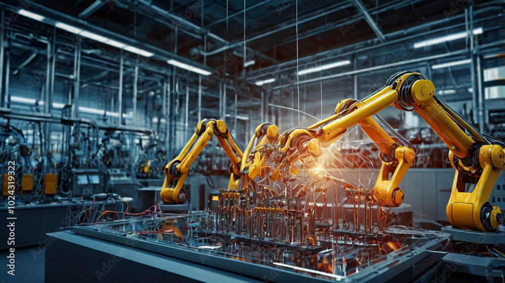 Industry 4.0 vision: Robotic arms constructing neural networks in virtual reality, symbolizing advanced AI and cutting-edge manufacturing innovation. Generated ai Industry 4.0 vision: Robotic arms constructing neural networks in virtual reality, symbolizing advanced AI and cutting-edge manufacturing innovation. Generated ai