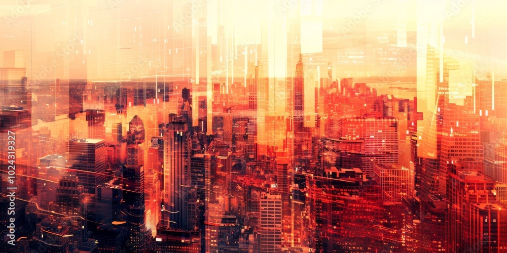 Abstract Digital Cityscape with Vibrant Orange and Yellow Hues Abstract Digital Cityscape with Vibrant Orange and Yellow Hues