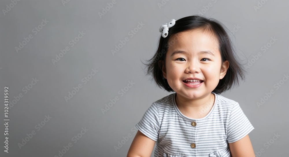 Toddler Asian girl with bright smile and short black hair playful soft gray background Toddler Asian girl with bright smile and short black hair playful soft gray background