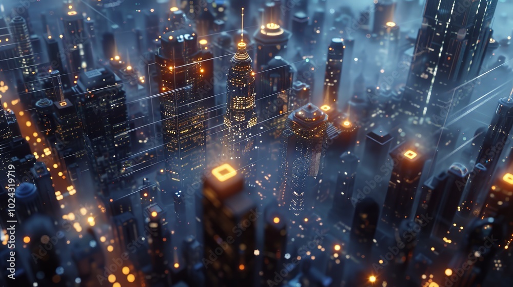 Fototapeta premium Futuristic digital cityscape with interconnected network nodes, showcasing advanced 5G technology for global connectivity and smart city infrastructure.