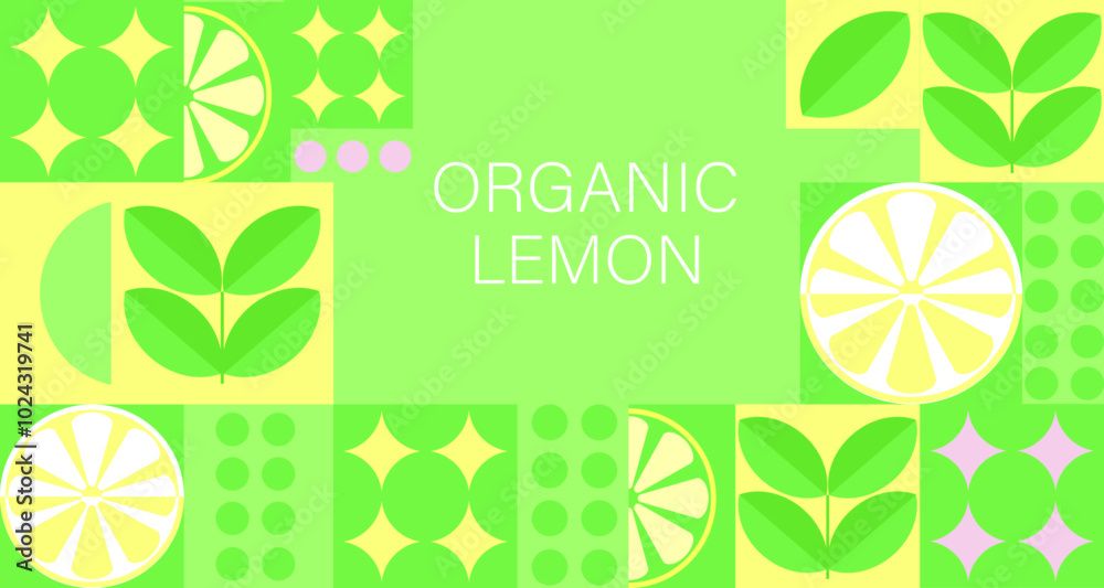 Lemon geometric background. Vector minimalist style pattern. Bauhaus trend. Abstract illustration of lemon, leaves, symbols. Simple icon. Lemon geometric background. Vector minimalist style pattern. Bauhaus trend. Abstract illustration of lemon, leaves, symbols. Simple icon.