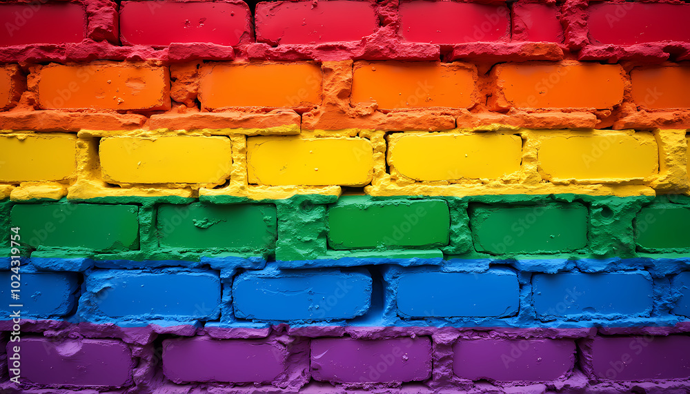 Colorful LGBT pride flag painted on a brick wall, symbolizing strength and diversity Colorful LGBT pride flag painted on a brick wall, symbolizing strength and diversity