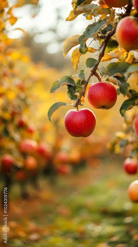 Red apples hanging on a tree branch in a colorful autumn orchard. Red apples hanging on a tree branch in a colorful autumn orchard.