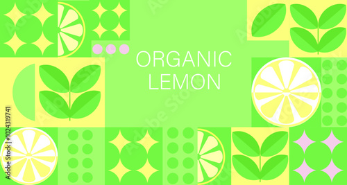 Lemon geometric background. Vector minimalist style pattern. Bauhaus trend. Abstract illustration of lemon, leaves, symbols. Simple icon.