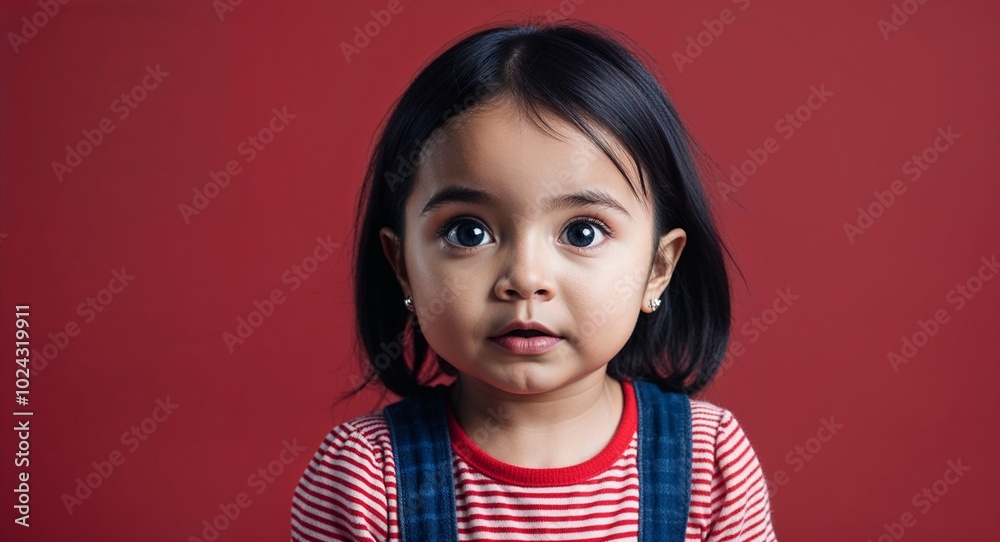 Toddler Latina girl with wide eyes and straight dark hair curious pale red background Toddler Latina girl with wide eyes and straight dark hair curious pale red background