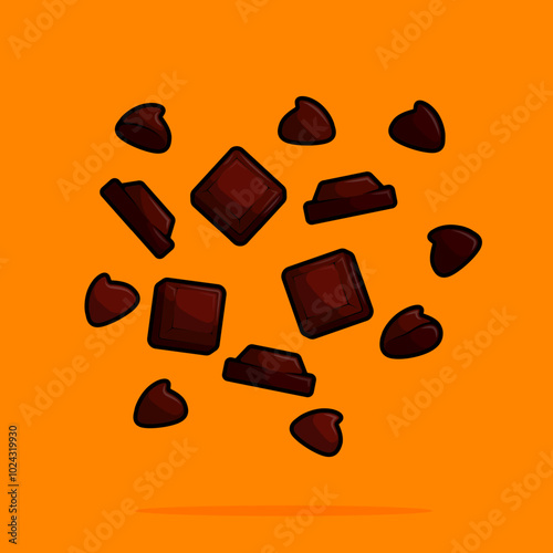cartoon illustration of chunks of chocolate and chocochips. can be used for menu, cover, cafe, restaurant, cookbook, ads, print, poster, website