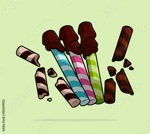 cartoon illustration of Straw wafers with various flavors coated with chocolate. can be used for menu, cover, cafe, restaurant, cookbook, ads, print, poster, website
