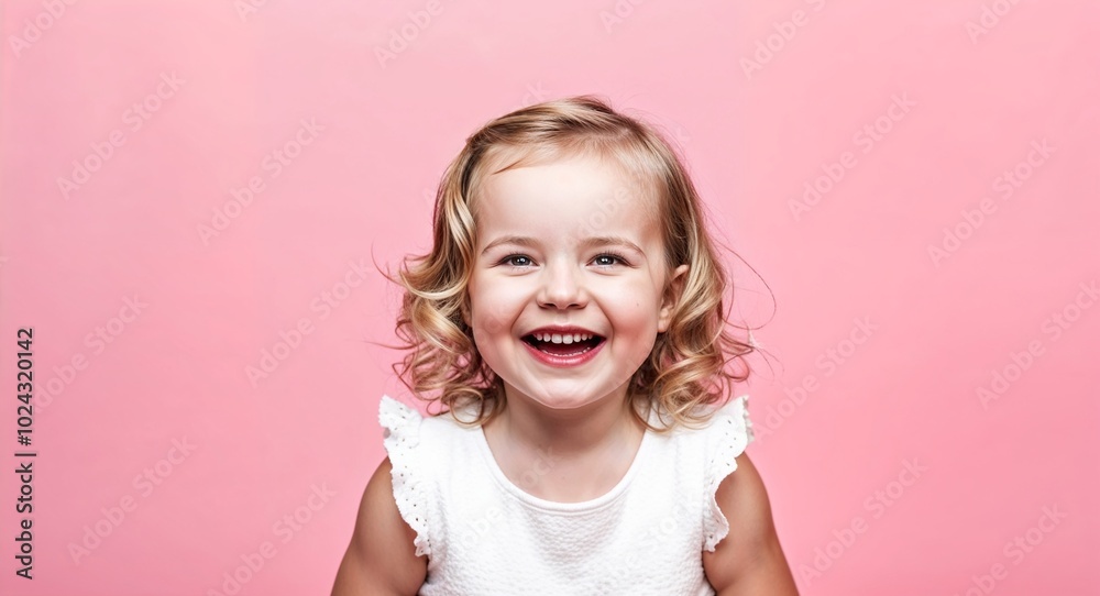 Toddler white girl with bright smile and wavy blonde hair giggling light pink background Toddler white girl with bright smile and wavy blonde hair giggling light pink background