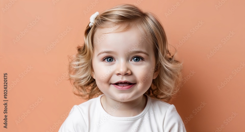 Toddler white girl with round face and wavy blonde hair happy warm peach background Toddler white girl with round face and wavy blonde hair happy warm peach background