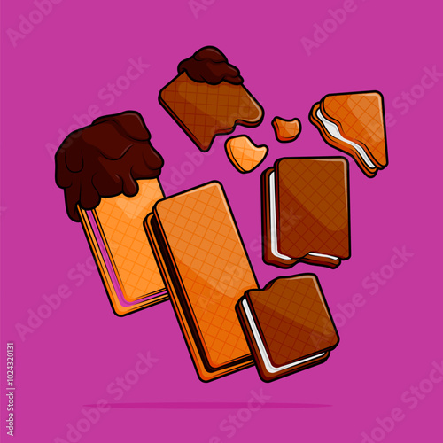 cartoon illustration of coffee biscuit sandwich with filling of strawberry vanilla chocolate flavor coated with dipping chocolate. can be used for menu, cover, cafe, restaurant, cookbook, ads, poster