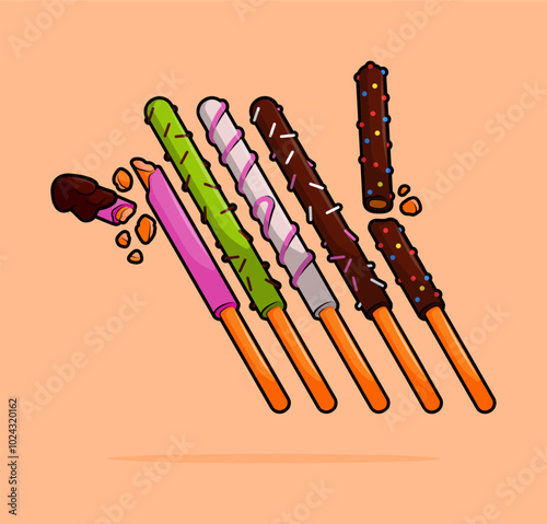 cartoon illustration of pretzel stick or vanilla stick biscuit with various toppings such as pink strawberry, green mathca, white or dark chocolate. can be used for menu, cover, restaurant, poster