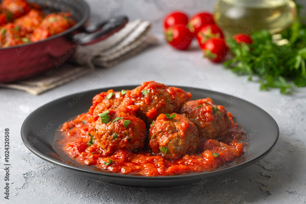 Delicious fresh meatballs in tomato sauce with salt, spices and herbs