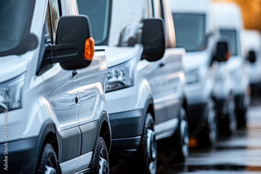 Row of white vans parked in line. Perfect for advertising transportation or logistics. Row of white vans parked in line. Perfect for advertising transportation or logistics.