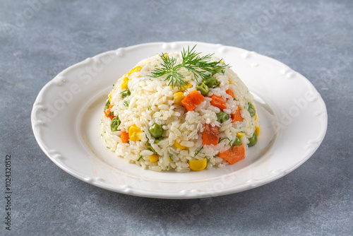 Turkish cuisine; rice pilaf with vegetables is also known as spring pilaf. Turkish name; sebzeli pilav or bahar pilavi photo