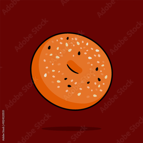 illustration of bagel topped with salt and black sesame seeds in line art style. Can be used for restaurants, cafes, local street food, cookbook menu covers