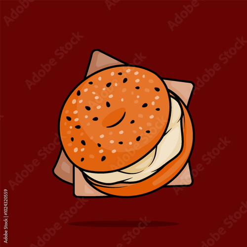 illustration of bagel sandwich filled with cream cheese and salt sesame seed topping in line art style. Can be used for restaurants, cafes, local street food, cookbook menu covers