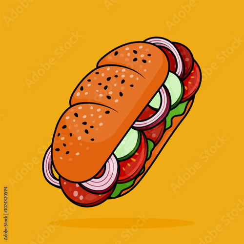 illustration of veggie salad tomato onion ham sausage sandwich with baguette or long bread in line art style. Can be used for restaurants, cafes, local street food, cookbook menu covers