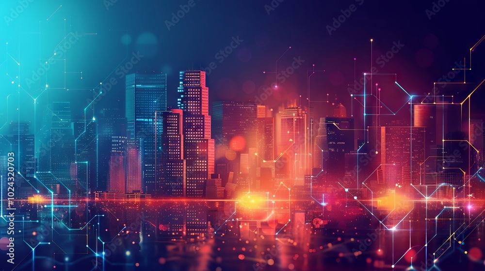 Obraz premium Futuristic digital cityscape with interconnected network nodes, showcasing advanced 5G technology for global connectivity and smart city infrastructure.