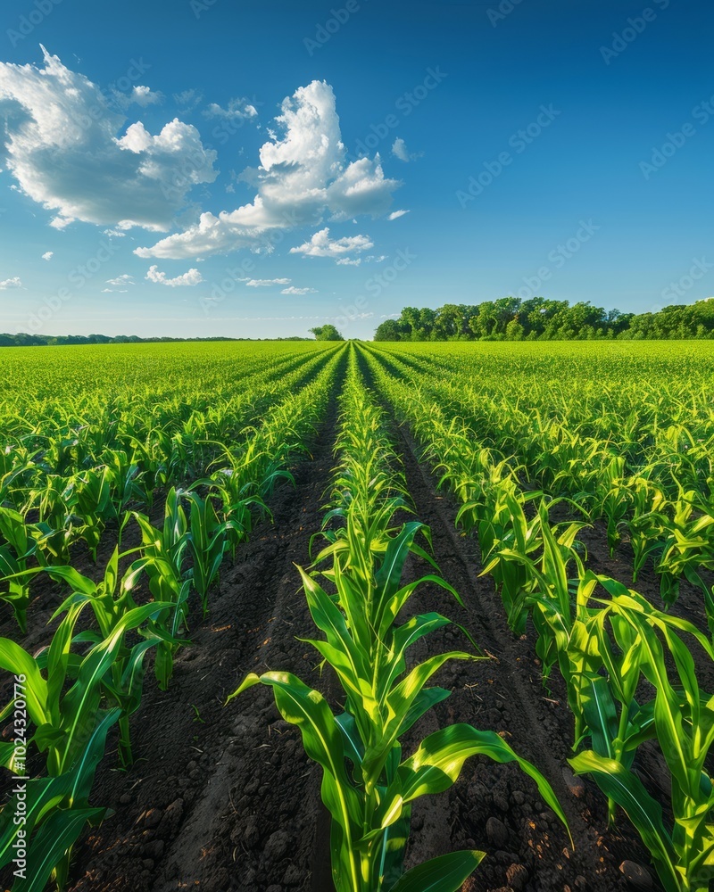 Vibrant Corn Plantation Field Under Clear Blue Sky - Lush Green Corn Stalks in Abundance, Ideal for Agriculture, Farming, Nature, and Landscapes Photography Vibrant Corn Plantation Field Under Clear Blue Sky - Lush Green Corn Stalks in Abundance, Ideal for Agriculture, Farming, Nature, and Landscapes Photography