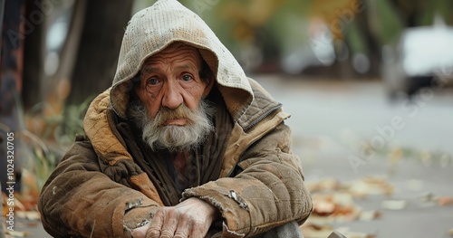 An elderly man without a home, dressed in rags, Generative AI.