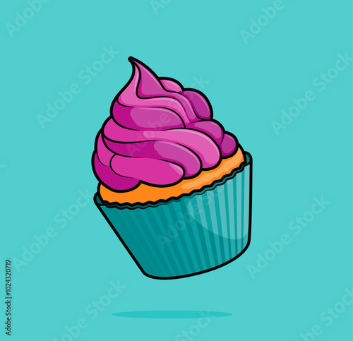 cartoon illustration of cupcake with strawberry pink flavor swirl icing topping. can be used for menu, cover, cafe, restaurant, cookbook, ads, print, poster, website