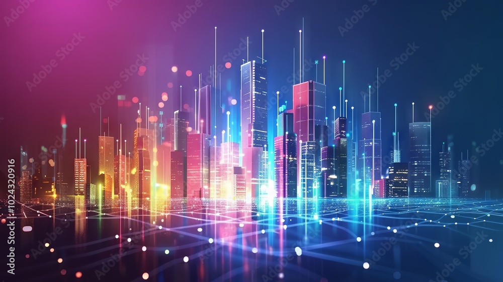 Fototapeta premium Futuristic digital cityscape with interconnected network nodes, showcasing advanced 5G technology for global connectivity and smart city infrastructure.